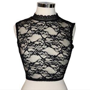SHEIN Black Floral Lace Mock Neck Sleeveless Sheer Crop Top Size M